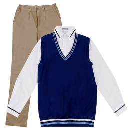 Design navy blue V-neck knitted vest, customized khaki trousers school uniform suit, British style school uniform suit, British school uniform manufacturer SSU-016 Design navy blue V-neck knitted vest, customized khaki trousers school uniform suit, British style school uniform suit, British school uniform manufacturer SSU-016